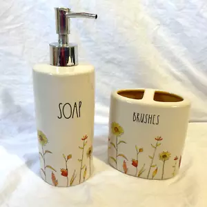 Rae Dunn Artisan by Magenta Ceramic Soap Dispenser Brushes Set Floral Bathroom - Picture 1 of 7