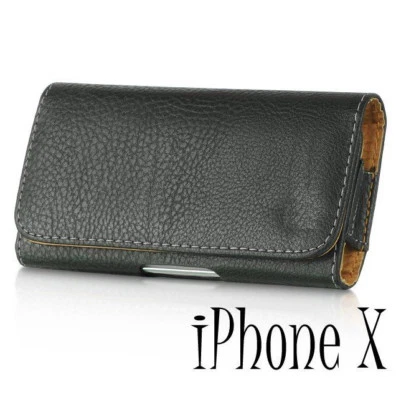 iPhone X / XS -HORIZONTAL BLACK Leather Skin Pouch Holder Belt Clip Holster Case - Image 1 of 3