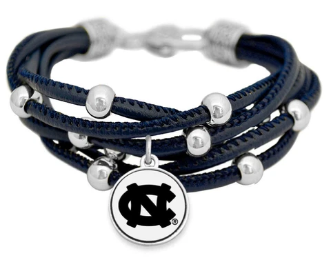 North Carolina Tar Heels Multi Line Navy Blue Leather Bracelet Jewelry UNC Gift Cover
