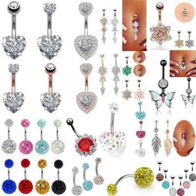 Surgical Steel Navel Belly Button Ring Barbell Rhinestone Crystal Body Piercin - - Image 1 of 4