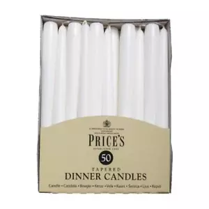 Prices Dinner Candles White 25cm Unscented 50 Bulk Pack 7 Hour Burn Dripless - Picture 1 of 2