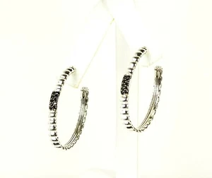 JOHN HARDY $650 Bedeg Lava Sterling Silver Black Sapphire Hoop Earrings - Picture 1 of 11