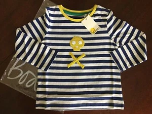 NWT 3-4 Mini Boden L/S Striped Tee w/ Yellow Crocheted Skull & Crossbones - Picture 1 of 3