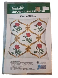 NIB Vintage WonderArt Stitchery 12" Pillow Kit #5608 Roses & Ribbons Wonder Art - Picture 1 of 2