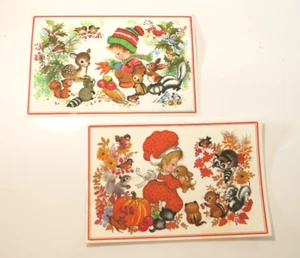 Vintage Set Of 2 Fall Winter Reversible Laminated Placemat Animal Kids Cottage - Picture 1 of 14