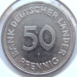 Moneta Bank krajów niemieckich 50 fenigów 1949 F w polerowanej płycie - Zdjęcie 1 z 2