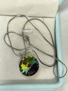 VTG Rainbow Watermelon Rhinestone Glass Crystal Pendant Necklace Silver Tone 84 - Picture 1 of 14