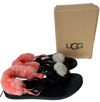 UGG Poppy Flower 3D Pom-Pom Fluffy Removable Strap Flip Flops 12 Patent Black - Image 1 of 4