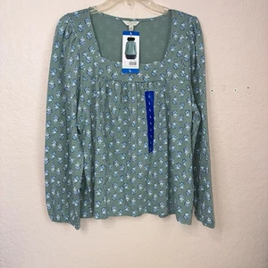 Top contadino marca Lucky NUOVO donna grande verde floreale collo quadrato manica lunga - Foto 1 di 9