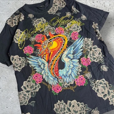 Christian Audigier Ed Hardy Black Snake Tattoo AOP Floral Angel Tee Size XXL - Image 1 of 4