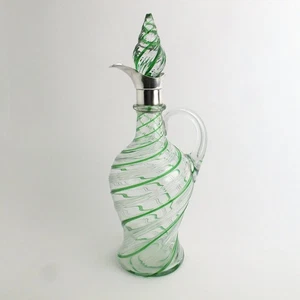 Stevens & Williams Green Spiral Glass Decanter Elkington Sterling Silver Mounts - Picture 1 of 7