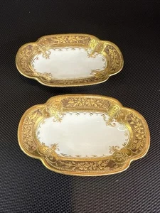 2 Nippon Hand Painted Japan Pair of Salt Dip Design Oval Heavy Gold Floral - Picture 1 of 10