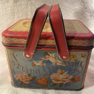 Beautiful St. Valentine's Greeting Candy Tin Box Lidded & Handles Vintage - Picture 1 of 17