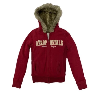 Aeropostale Fur Hooded Zip Up Sweatshirt Maroon Y2k Sz S - Picture 1 of 14