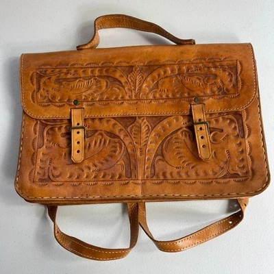 Handmade Hand Tooled Leather Floral Satchel Backpack Bag with Buckle Closure - Image 1 of 4