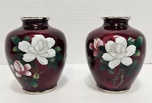 Set Of 2 Vtg Sato Cloisonne Pigeon Blood Red Glazed Floral Pattern Vase Japan - Picture 1 of 14