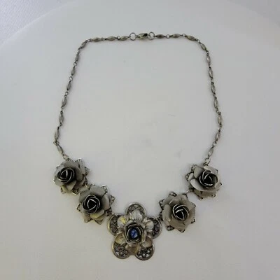 Gargantilla collar flor piedra azul tono plata 15" Foto 1 de 4