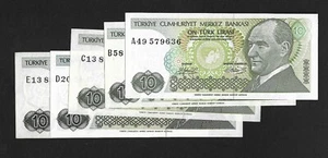 Turkey Lot p-192, 193, UNC, 10Lira, 1979- 1982,  All Prefixes A,B,C,D,E, 5 Items - Picture 1 of 1