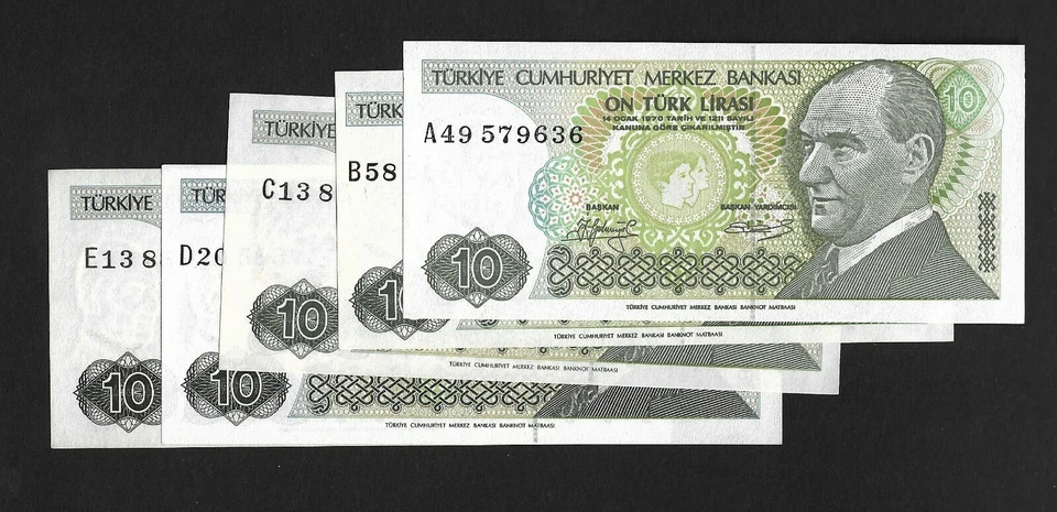 Turkey Lot p-192, 193, UNC, 10Lira, 1979- 1982,  All Prefixes A,B,C,D,E, 5 Items - Image 1 of 1
