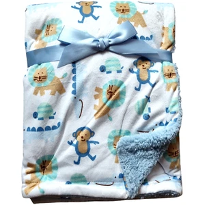 Luvable Friends Baby Boy Blue Safari Plush Blanket Monkey Lion Alligator Sherpa - Picture 1 of 3