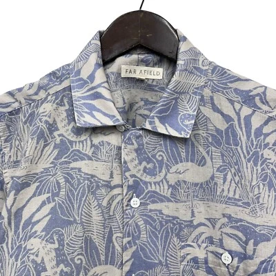 Far Afield Men's Sz 1 Hawaiian Shirt Blue/Taupe Linen Flamingo Iguana Floral euc - Image 1 of 4