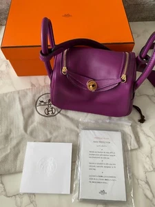Pre-Owned Authentic Hermes Mini Lindy Mini Bag Handbag Bags P9 Anemone GHW Swift - Picture 1 of 23