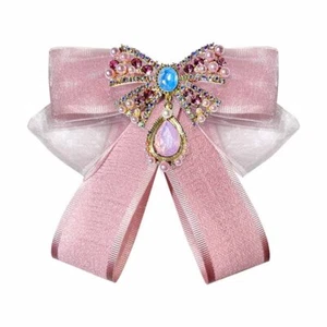 Womens Bow Tie Brooch Ribbon Bowknot Brooch Pins Crystal Pre Tied BowTie Collar - Picture 1 of 5