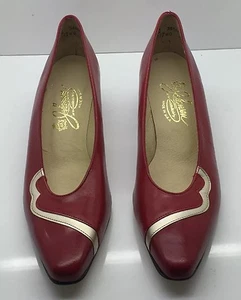JOHANSEN rot & gold Leder klassische niedrige Absatz Pumps 7,5 4A selten Made in USA NEU!! - Bild 1 von 12