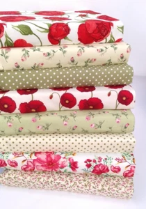 8 X COTTON PATCHWORK FABRIC BUNDLE LARGE SCRAPS SQUARES VINTAGE FLORAL ROSES - Picture 1 of 1