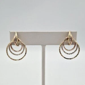 14K Tri-Tone Yellow White Rose Gold Diamond-Cut Layered Circles Drop Earrings - Picture 1 of 12