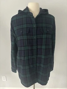L.L. Bean Jacket Women’s M Blue Plaid Fleece Lined Flannel Hoodie Shacket Shirt - Picture 1 of 15