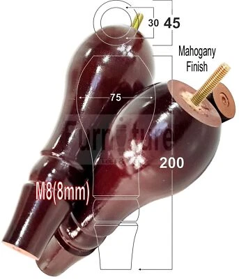 4 x Wooden Feet Replacment Furniture Turned Legs 200mm High M8 Mahogany Chairs - Image 1 of 4