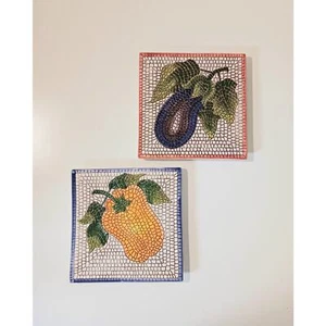 Pier 1 Mosaic Vegetable Pepper Eggplant Trivets / Wall Hangings Set of 2 Italian - Picture 1 of 9