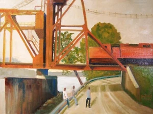Railroad bridge river train road Impressionism Landscape Original Oil Painting - Picture 1 of 4