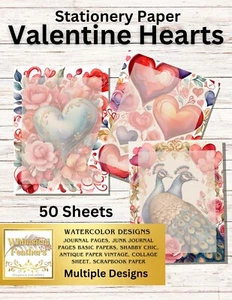 Valentine Hearts Stationery  Set  - Watercolor Design - Writing Papers 50 Sheets - Picture 1 of 21