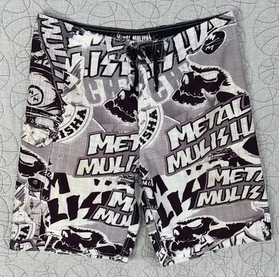 Shorts de prancha Metal Mulisha masculino 38 vintage Y2K AOP surf bicicletas sujas skatista folgado - Imagem 1 de 4