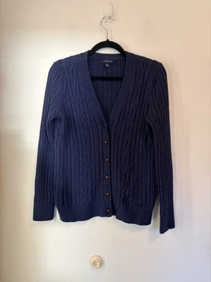 Vintage Lands End Wool Blend Button Front Cardigan Cable Knit Blue Medium Petite - Image 1 of 4