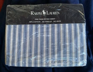 Ralph Lauren Twin Fitted Sheet Claudine Blue Striped Vintage - Picture 1 of 3