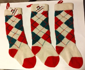 Set 3 Kurt Adler Argyle Red Ivory Green Large Christmas Knit Stocking NEW - Picture 1 of 4