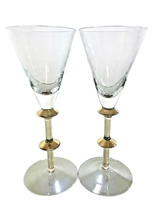 2 Pier 1 P1c71 Weingläser Gold Oblate Akzent Stiele Iredescent Bernstein Fuß 9" T - Bild 1 von 7
