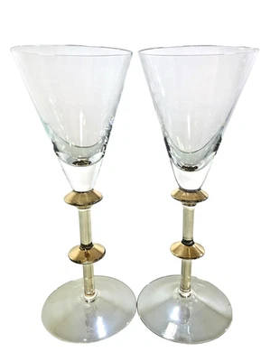 2 copas de vino Pier 1 P1c71 vástagos con acento de oblea dorada pie ámbar iredescente 9" T Foto 1 de 4