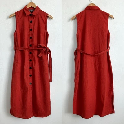 J Gee Dress Small Midi Shirt Sleeveless Linen Blend Pockets Button Up Orange - Image 1 of 4