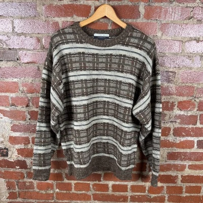 Vintage Geoffrey Beene Sweater Mens Large Brown Beige Crewneck Knit Plaid 90s - Image 1 of 4