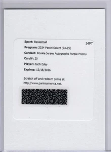 2024-25 SELECT RC REDEMPTION PURPLE PRIZMS JERSEY PATCH ZACH EDEY /99 GRIZZLIES - Picture 1 of 2