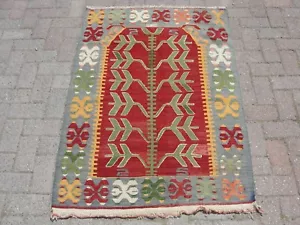 3x5 Fuß Handgefertigter Kleiner Woll-Kelim-Teppich - Vintage Wohnkultur Türkische Kelim-Teppiche - Bild 1 von 10