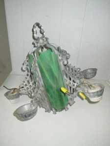 Antique Art Deco 5 Down 1 Up Hanging Light Fixture Chandelier Stain Glass Slip - Picture 1 of 12
