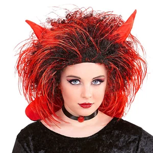 Red Black Lucifer Kids Wig with Horns Devil Satan Horned Demon Hair - Picture 1 of 4