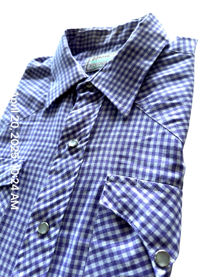 Рубашка мужская вестерн H Bar C 16 X 32 фиолетовая клетчатая жемчужная на кнопках винтажная сделано в США - Изображение 1 из 4