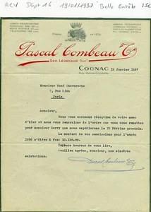 Dépt 16 - Cognac Rue Pascal Combeau - Belle Entête d'une Distillerie de 1937 - Bild 1 von 1