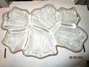 Vintage Jeannette Feather Pattern Gold Trim Glass Divided relish tray 1950's b3 - Picture 1 of 2